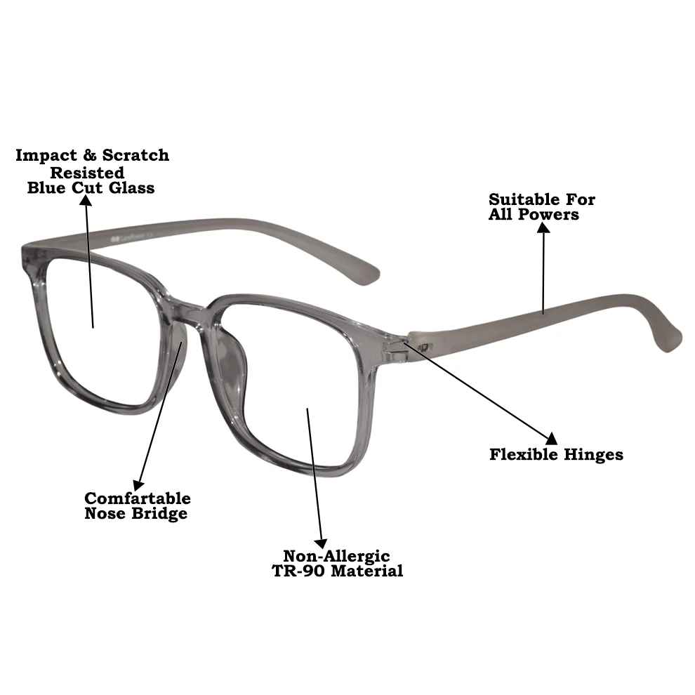 Transparent Grey Square Eyeglasses For Men & Women