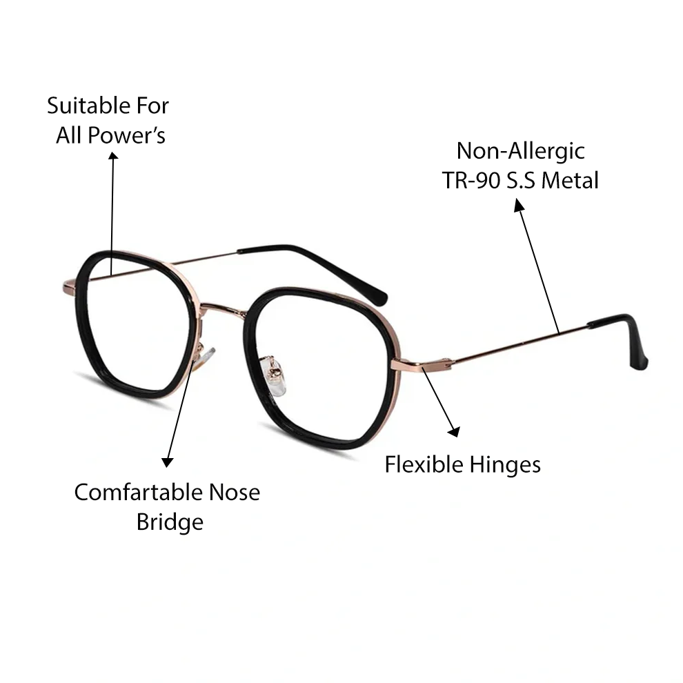 Black Rose Gold Full Rim Hexagonal Eyeglasses