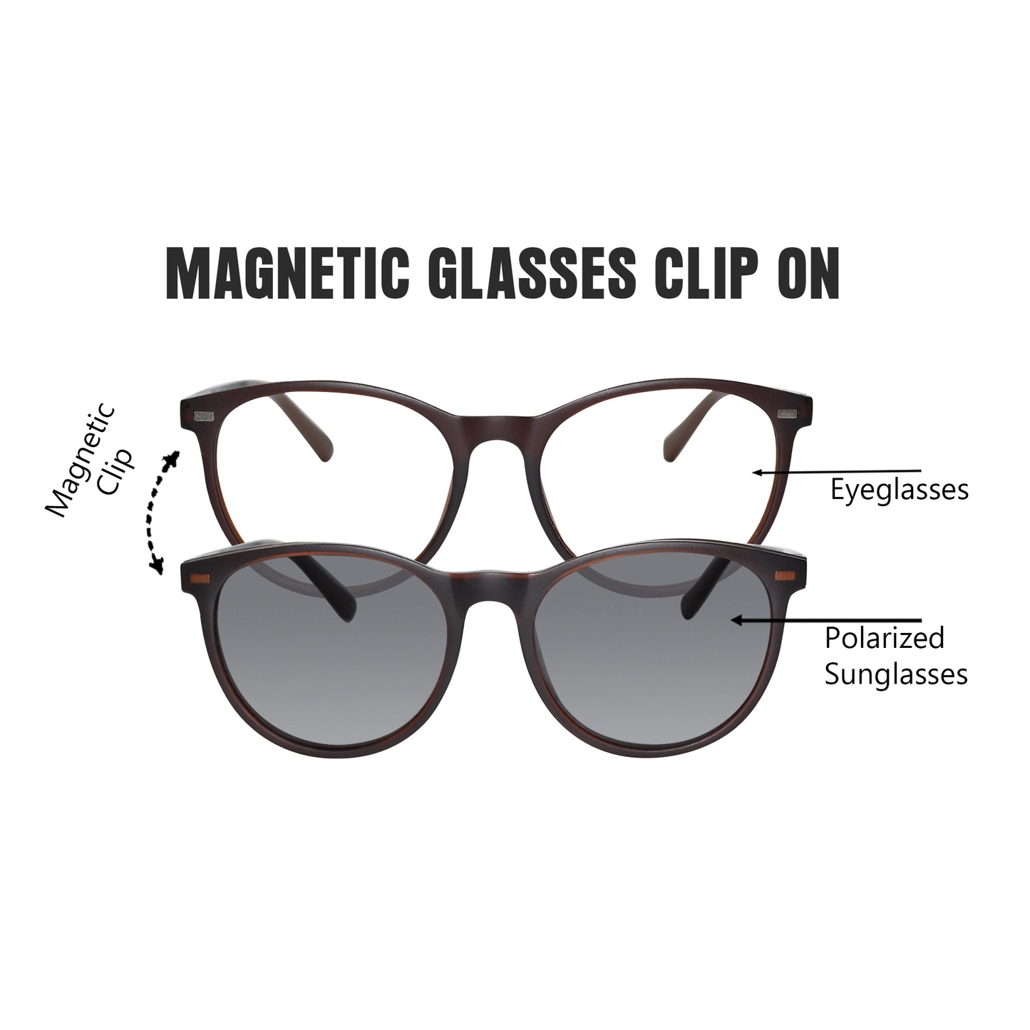 Brown Round Magnetic Glasses Clip On For Men & Women