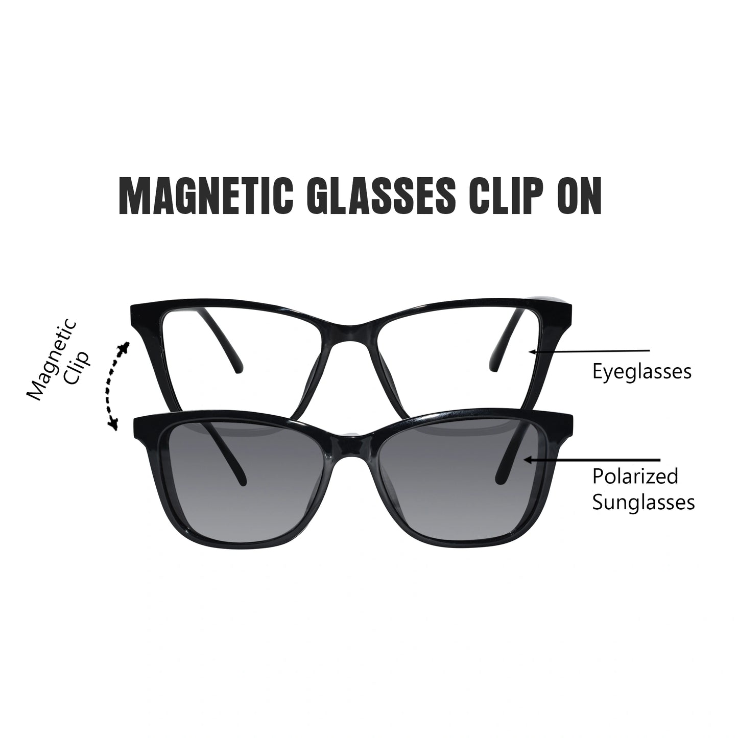 Shiny Black Cat Eye Clip On Eyeglasses For Men & Women