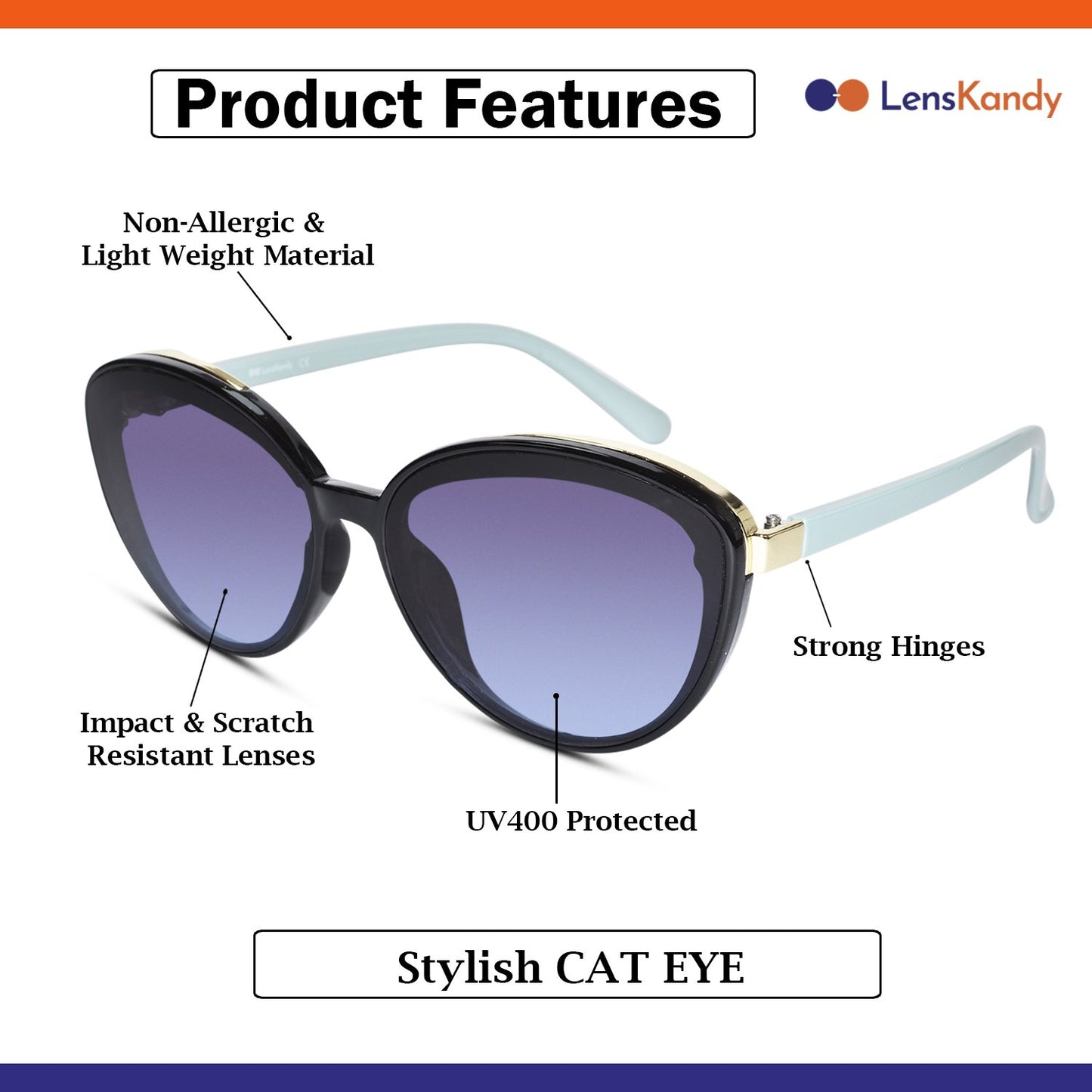Designer Cat Eye Black-Green Sunglasses For Women