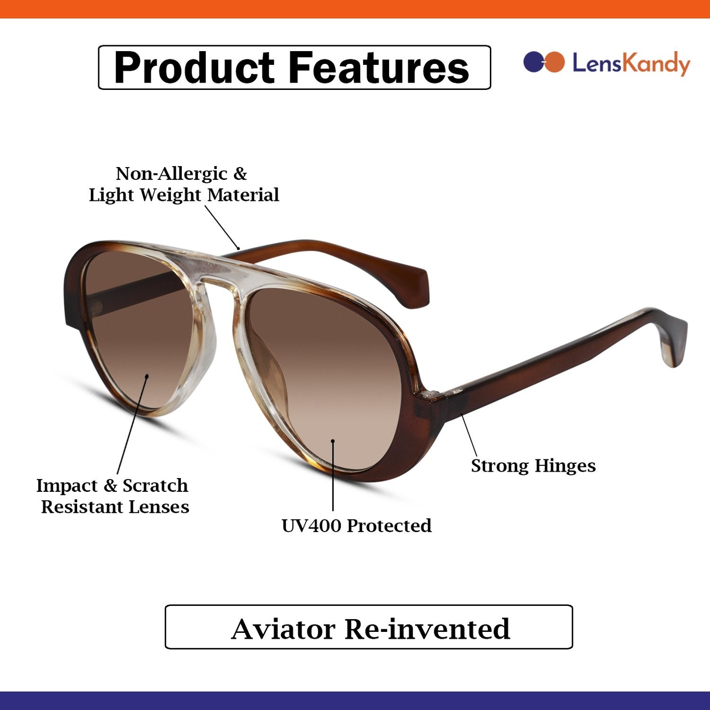 Dual Tone Stylish Avaitors  Brown Sunglasses