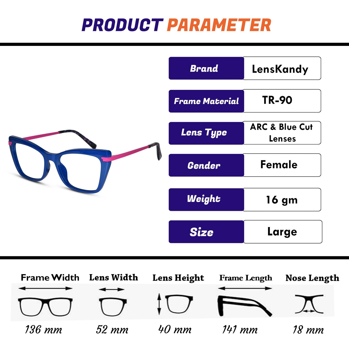 Cat eye Blue Pink Full Rim Frame Eyeglasses