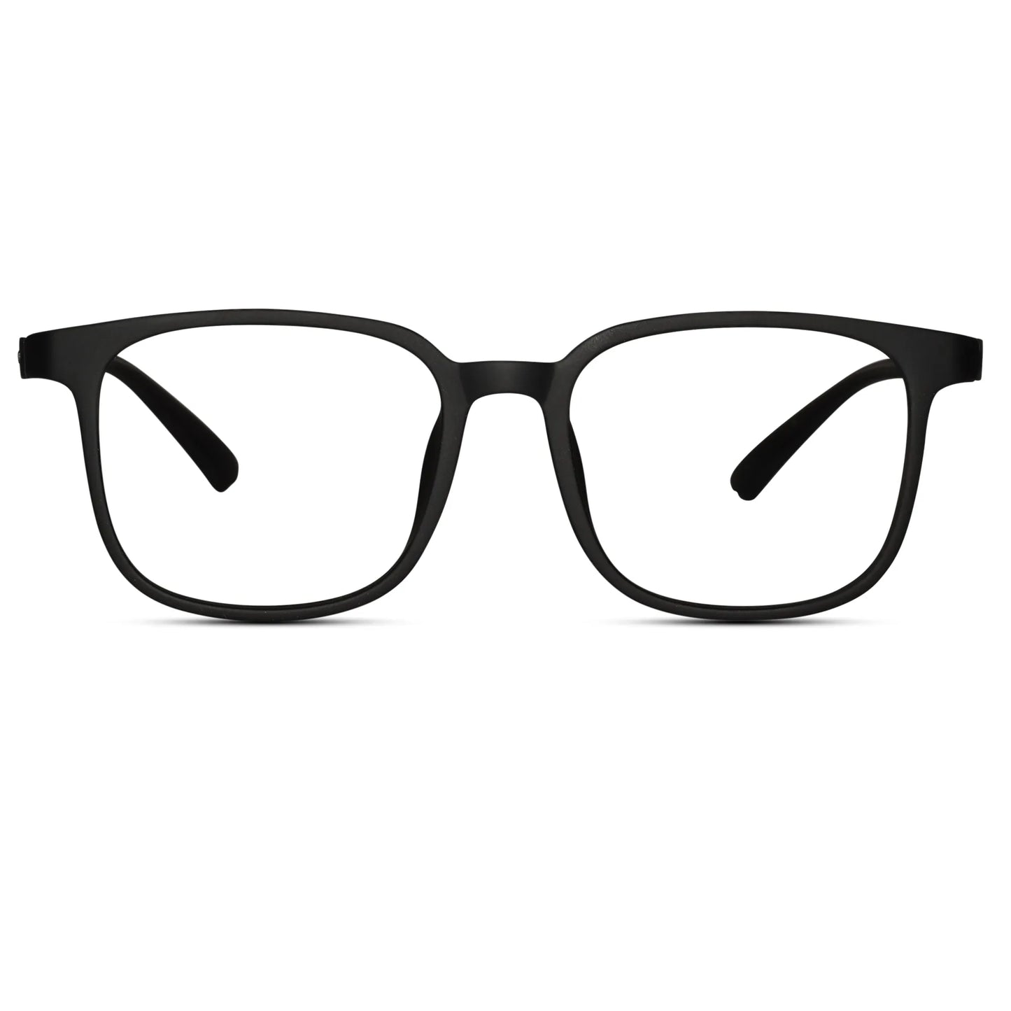 Front view of matt black lightweight rectangle eyeglasses for men and women stylish unisex specs for modern look