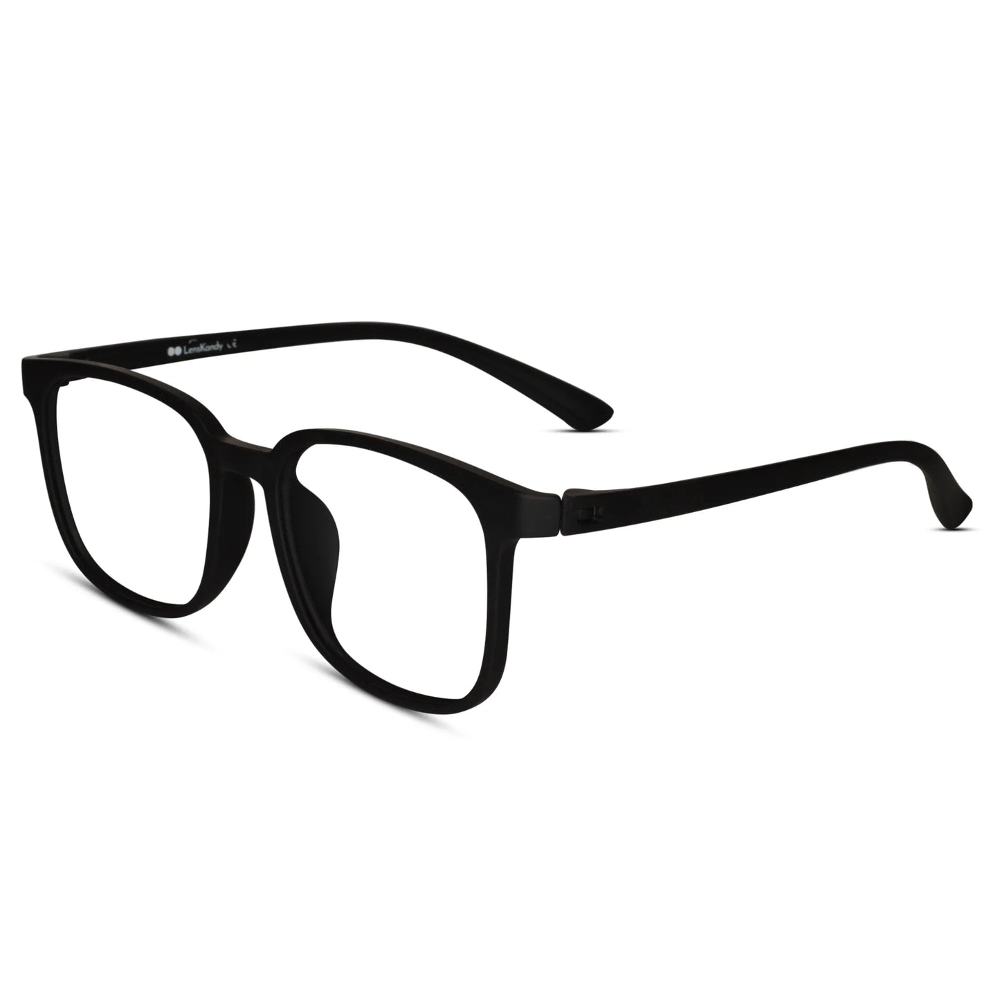 Side view of matt black lightweight rectangular eyeglass frame durable unisex specs for everyday wear and comfort