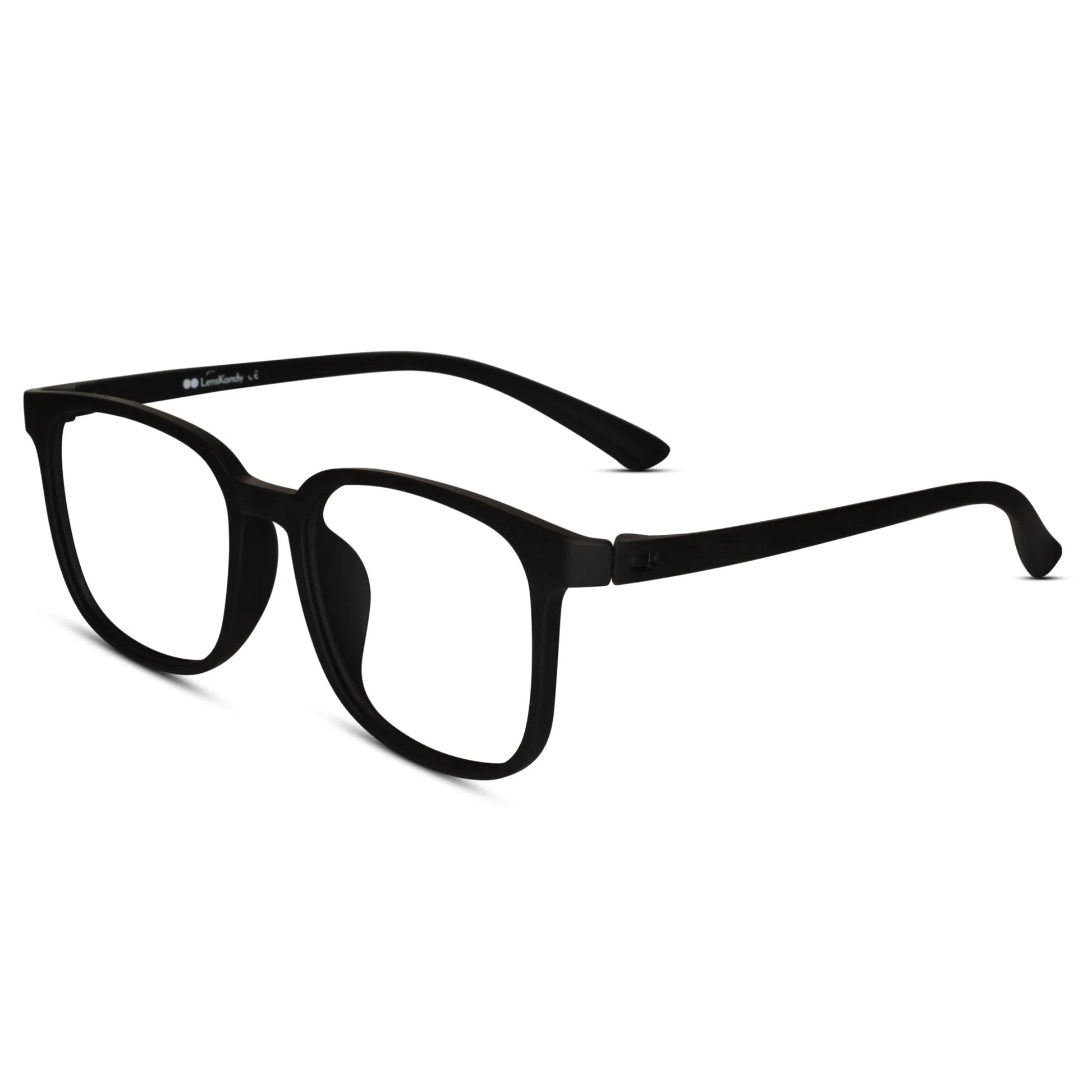 Side view of matt black lightweight rectangular eyeglass frame durable unisex specs for everyday wear and comfort
