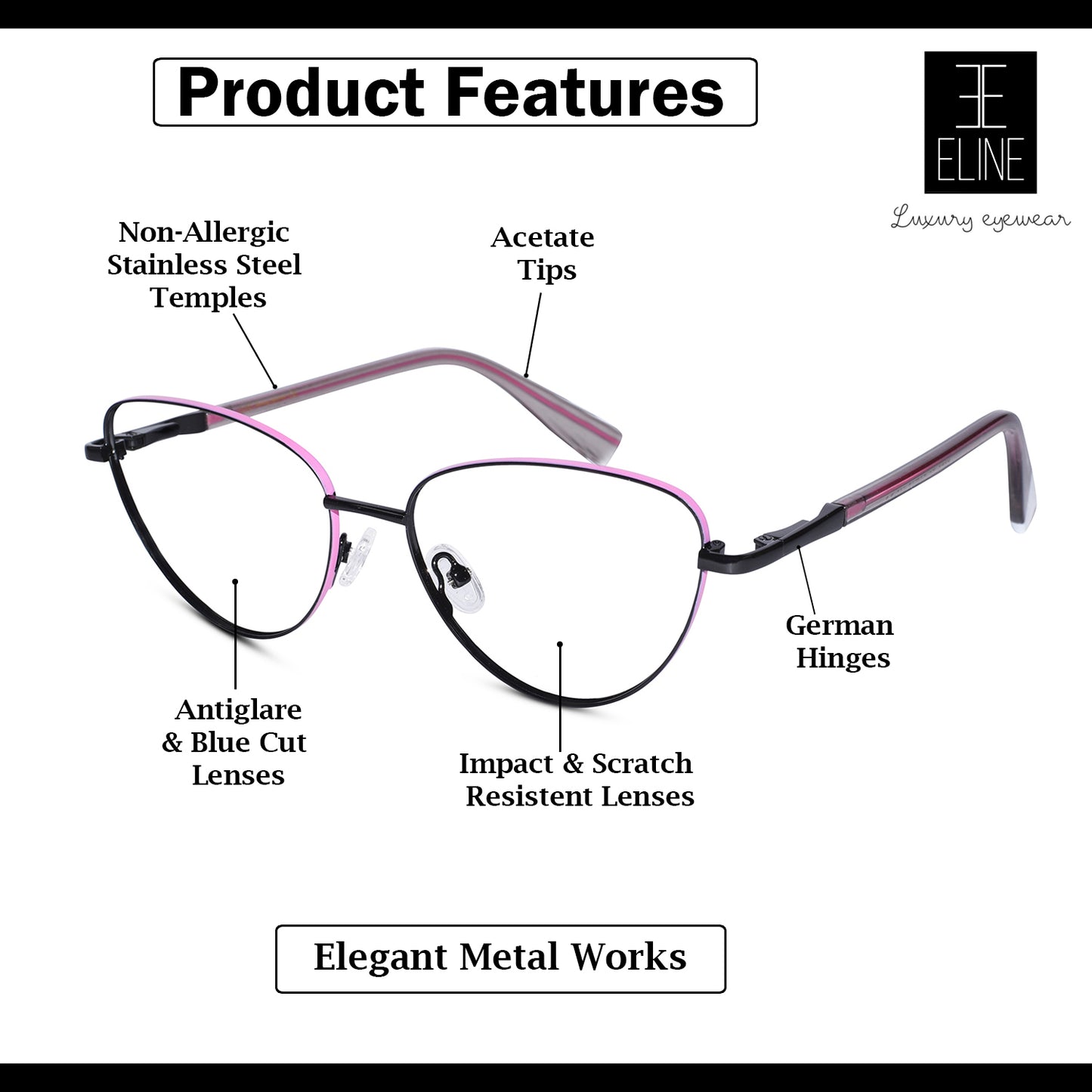 Black with Pink Cat eye Eyeglasses For Women