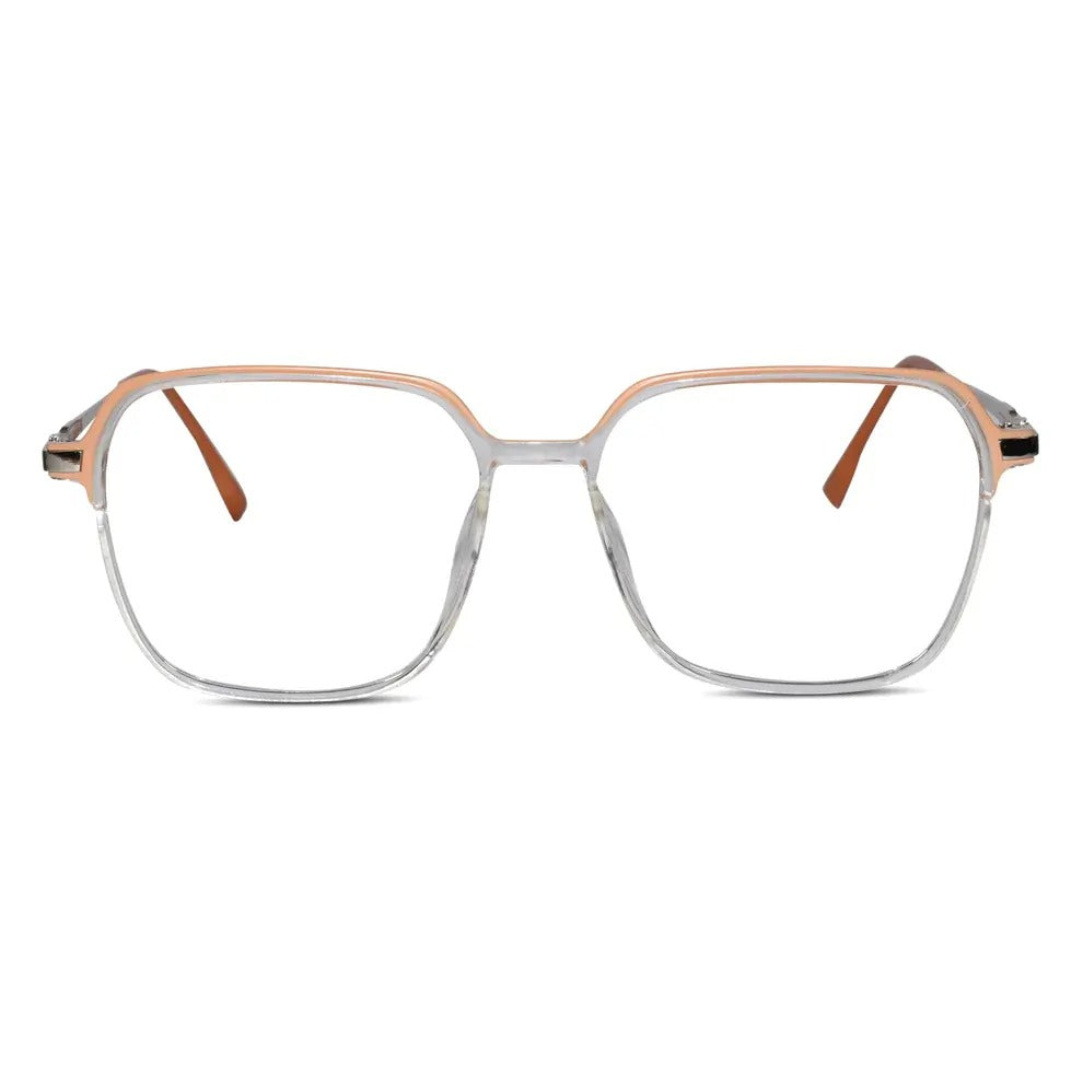 Side view of dual tone orange transparent oversize eyeglass frame elegant spectacles style for modern women