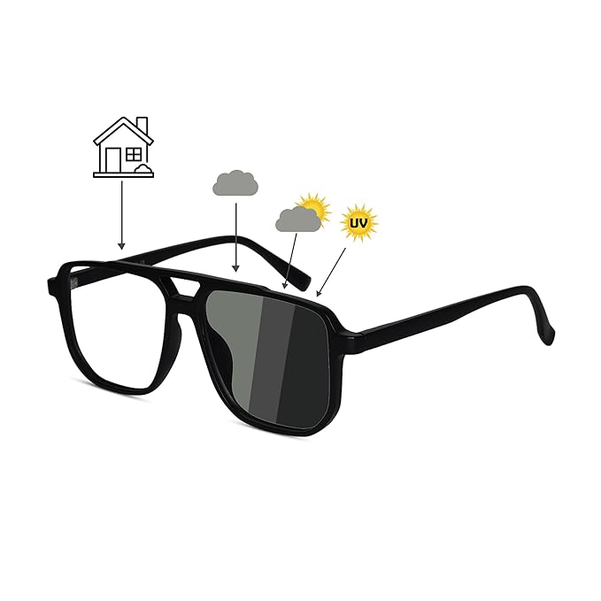 Blue Cut Plus Photochromic Lens with Anti Glare and UV Protection Square Full Frame Rectangular Men's Spectacles