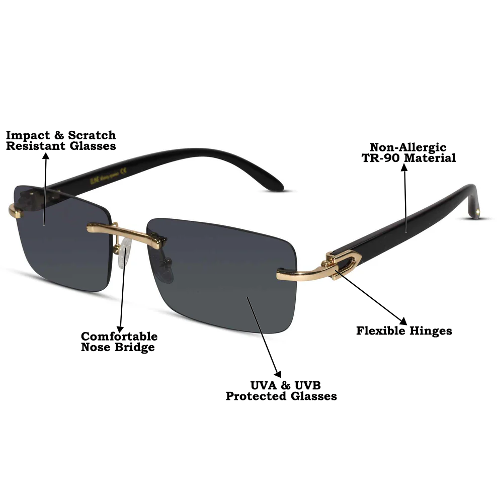 Designer Gold Black Rectangular Rimless Sunglasses