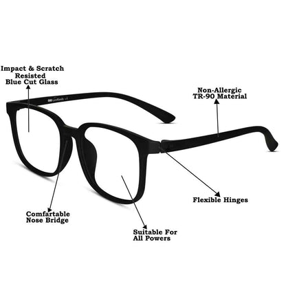 Matt Black Light Weight Rectangle Eyeglasses For Men & Women