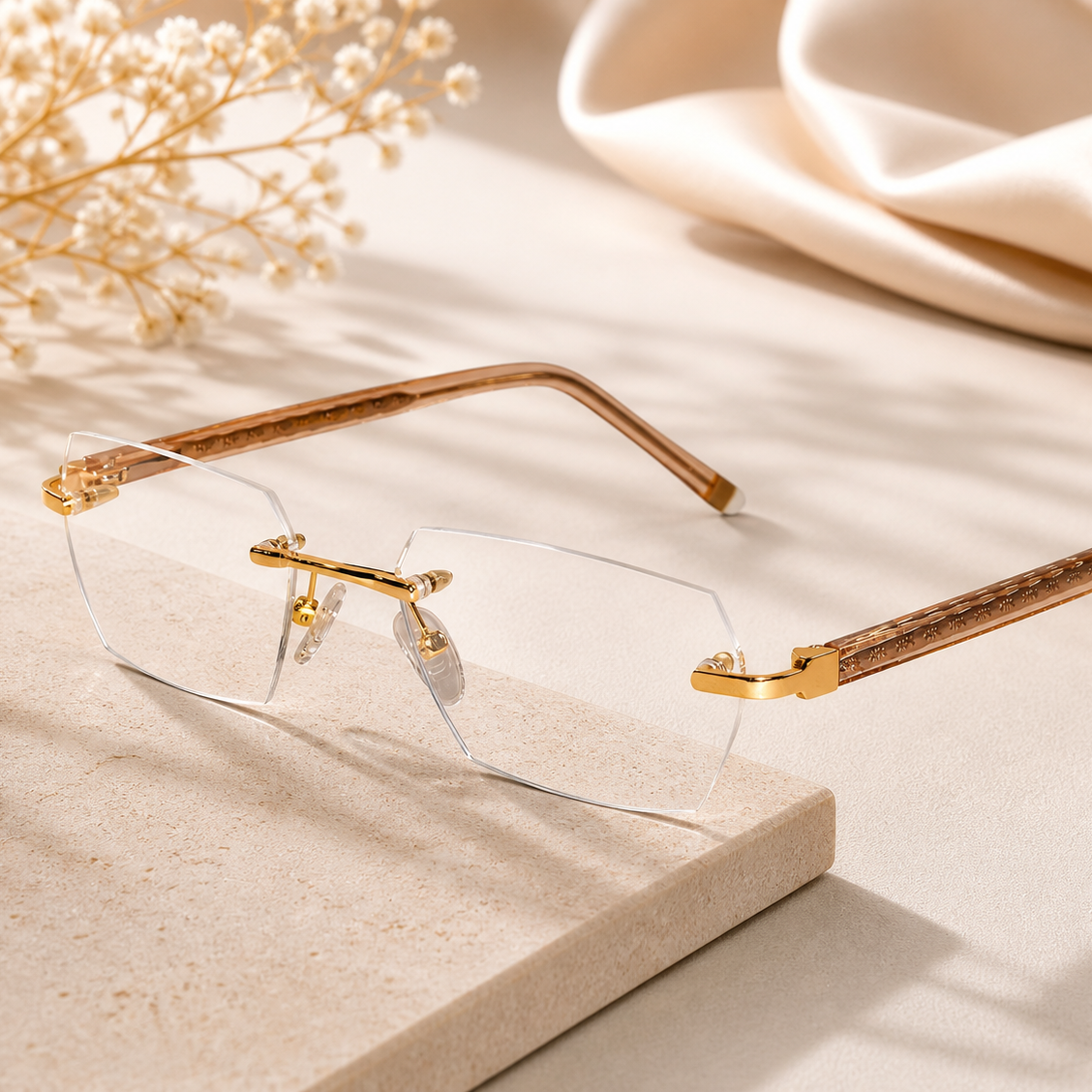 Golden Rimless Reactngular Eyeglasses For Men ELS989-GOLD