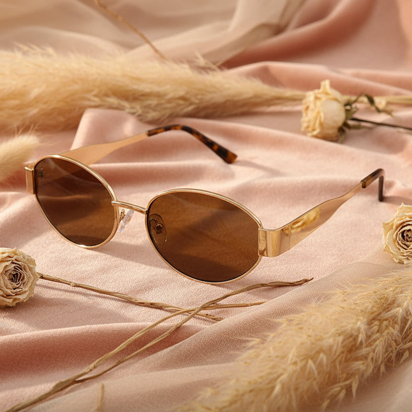 Retro Golden Oval Sunglasses for Women & Men LKS2810-BRN-GOLD