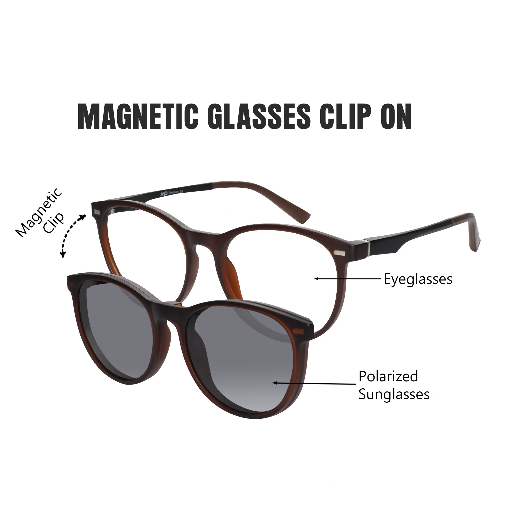 Brown Round Magnetic Glasses Clip On For Men & Women