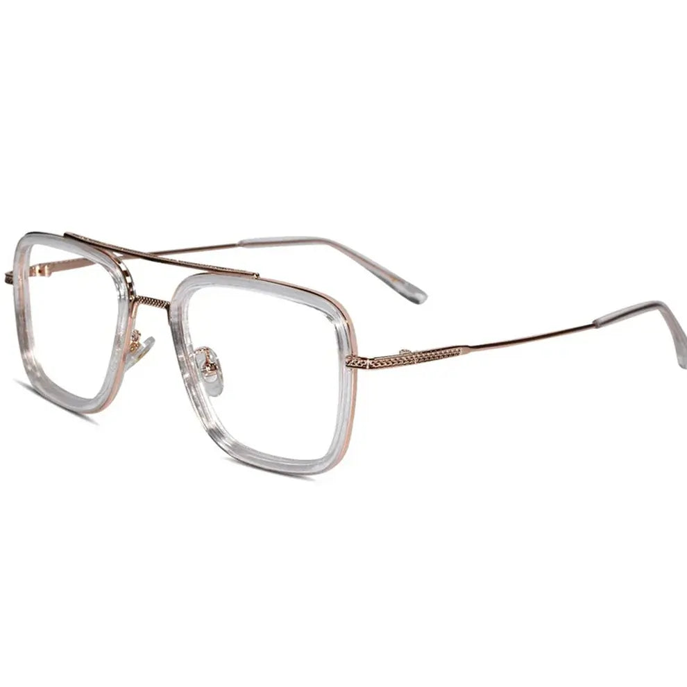 Side view of transparent gold full rim eyeglass frame – stylish rectangular specs for men designed for everyday comfort