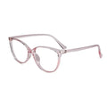 Side view of cat eye scratch resistant transparent reading glasses, featuring blue cut lenses and multiple power options