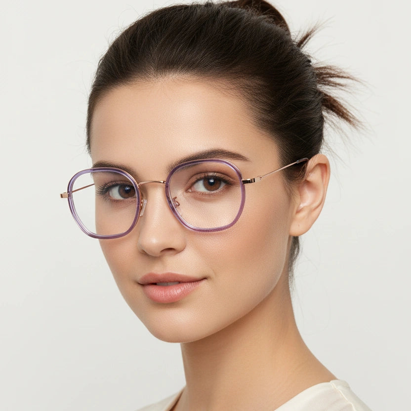 Purple Rose Gold Full Rim Hexagonal Eyeglasses For Women LKS2207-PURPL