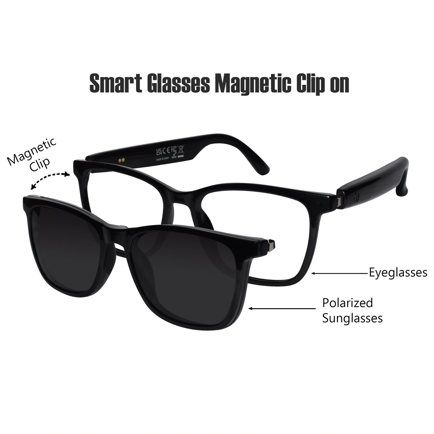 Best AI smart glasses real-time translation and Bluetooth 5.3 functionality, showcasing polarized sunglasses attaching to smart eyeglasses