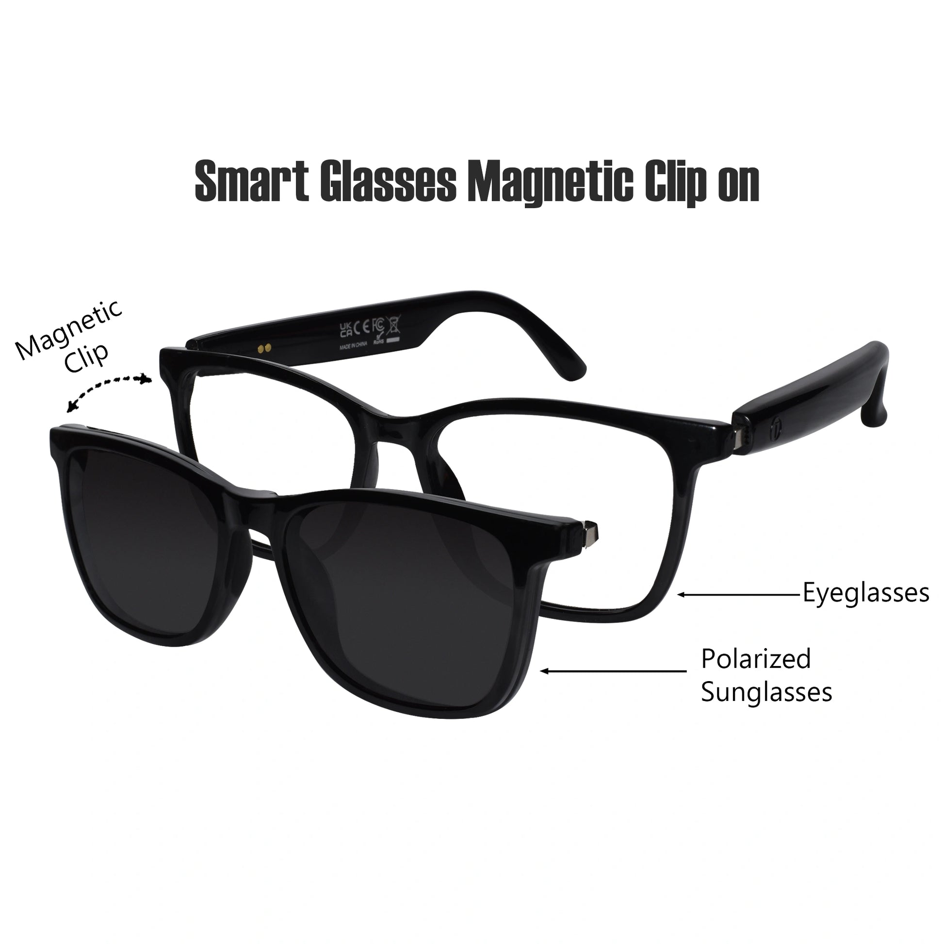 Best AI smart glasses real-time translation and Bluetooth 5.3 functionality, showcasing polarized sunglasses attaching to smart eyeglasses