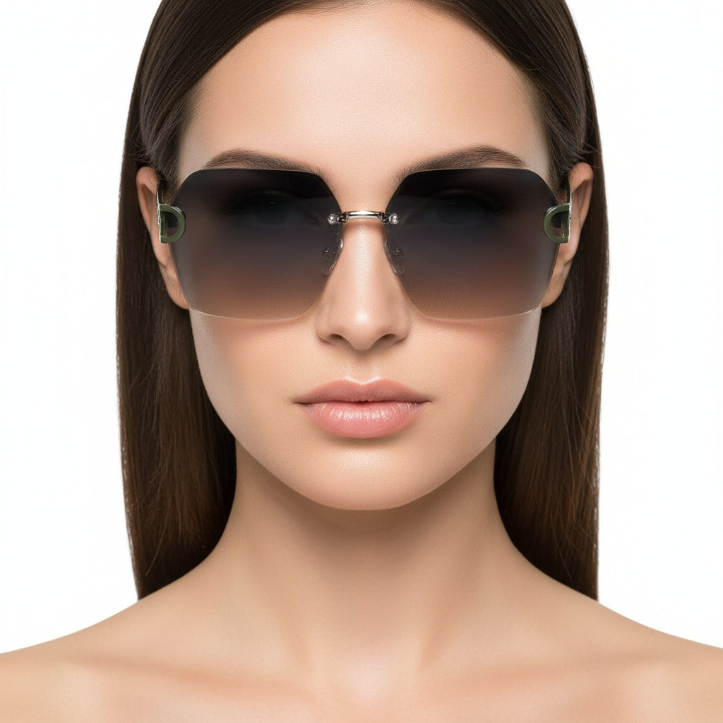 SunEdge | Oversize Hexagonal Rimless Green Sunglasses For Women ELS8111-GRN