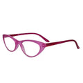 Side view of pink cat eye reading spectacles online with purple arms, showcasing a trendy designer frame.