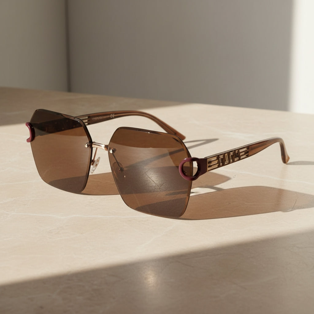 SunEdge | Oversize Hexagonal Rimless Brown Sunglasses For Women ELS8111-BRN