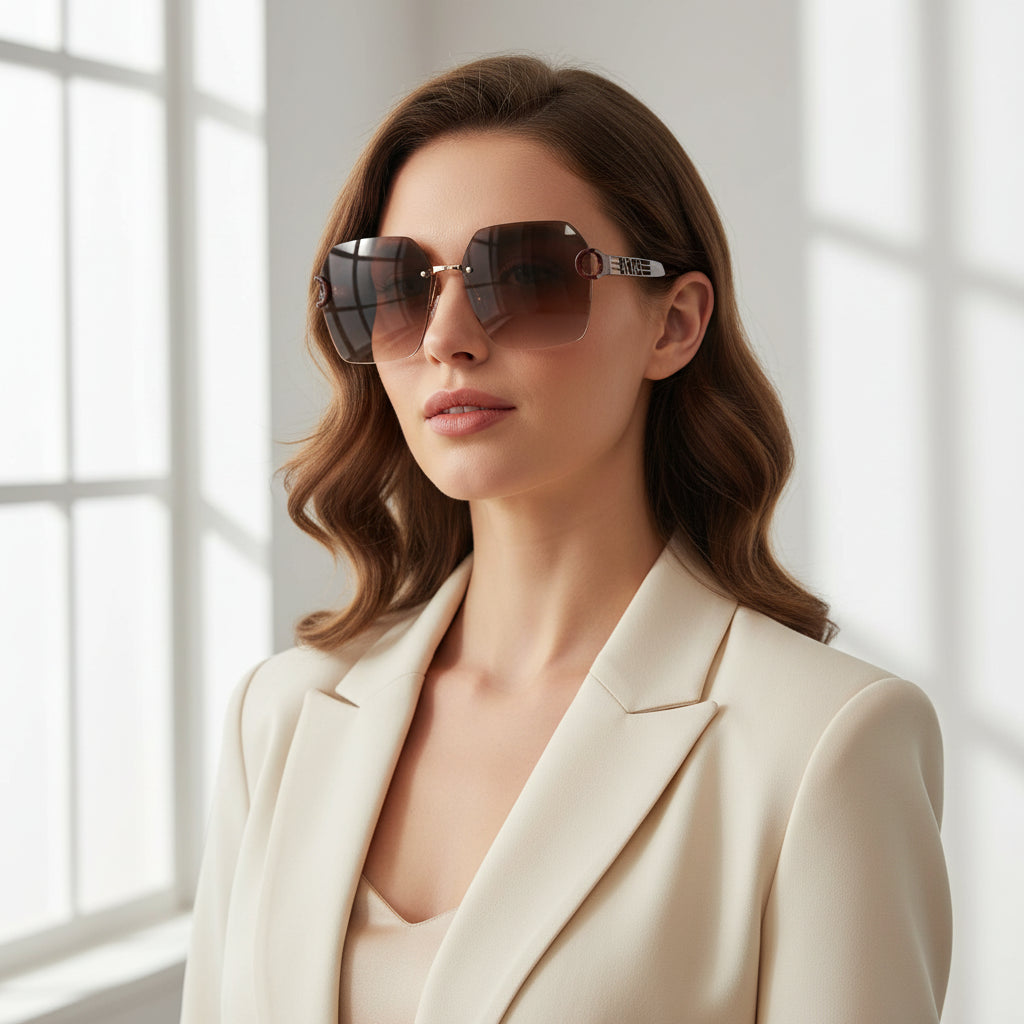 SunEdge | Oversize Hexagonal Rimless Brown Sunglasses For Women ELS8111-BRN