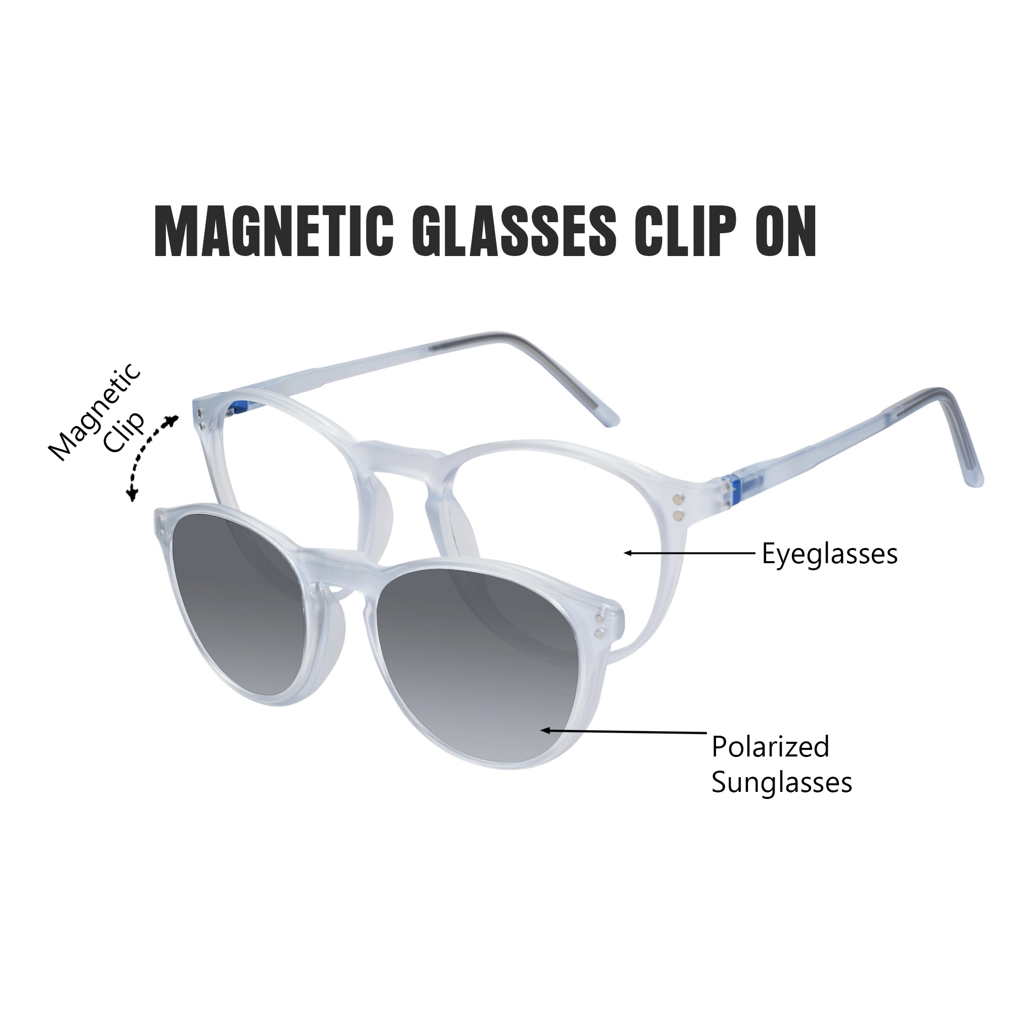 matt Blue Transparent Round Clip On Eyeglasses For Men & Women