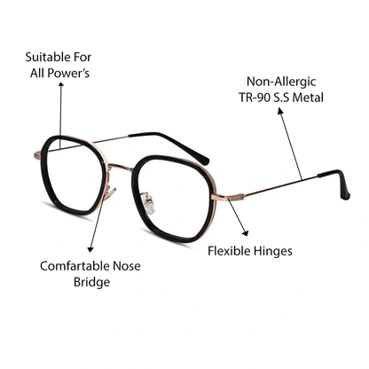 Black Rose Gold Full Rim Hexagonal Eyeglasses