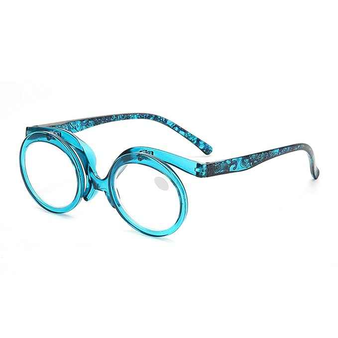 Side view of Blue round Flip Up Reading Glasses with a patterned frame.glasses for oval face.