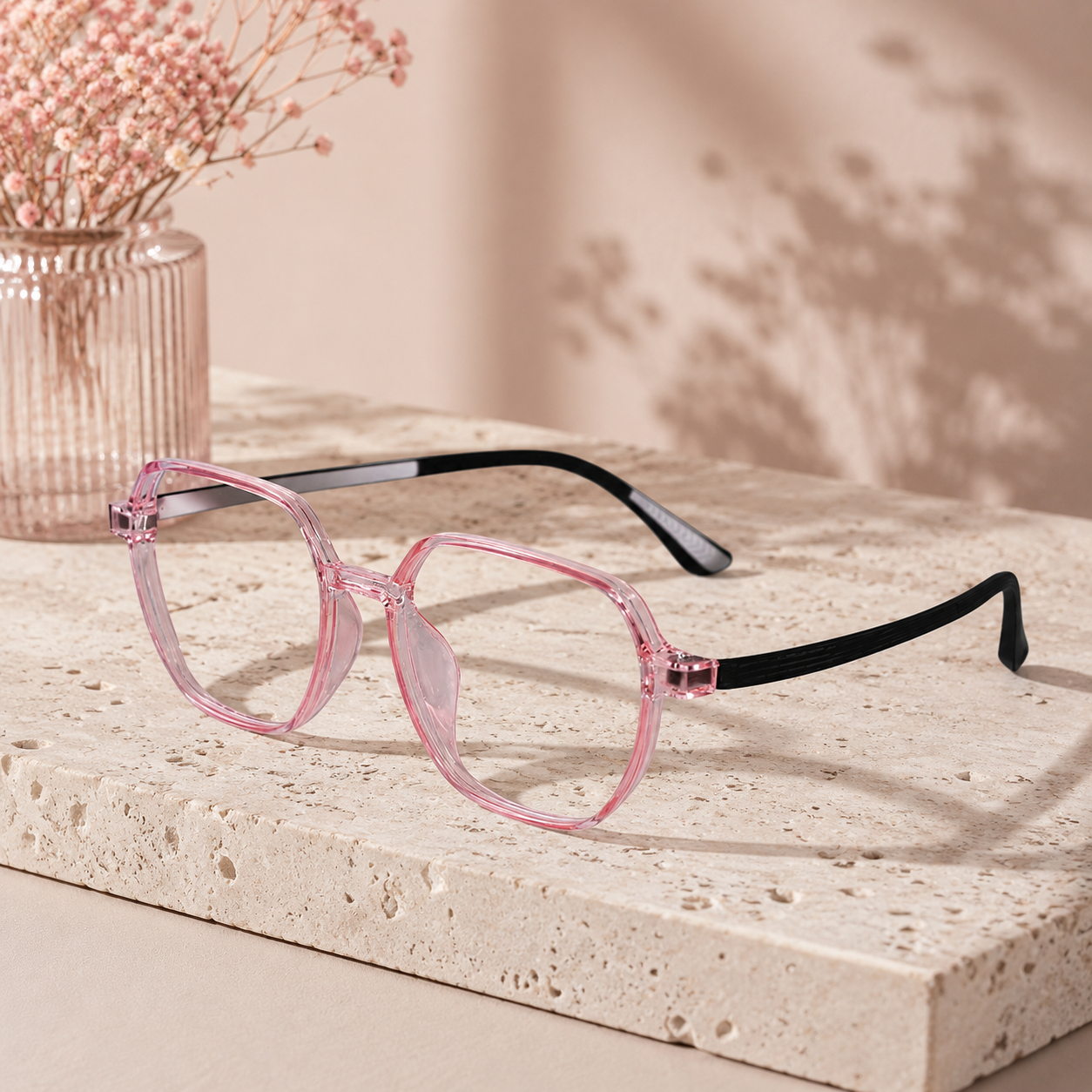 Crystal Pink Hexagonal Eyeglasses For Women LKE143-PNK