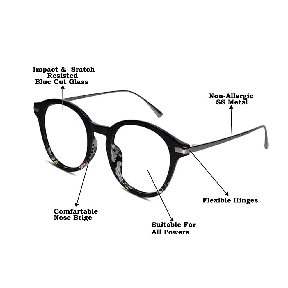Shiny Dual Tone Black Printed Round Eyeglasses