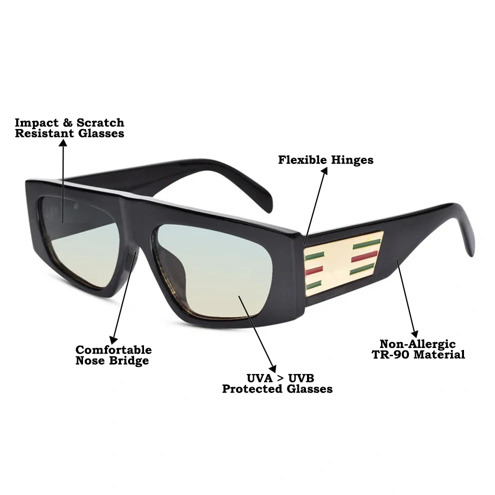 Designer Black Retro Bold Rectangular Black Sunglasses