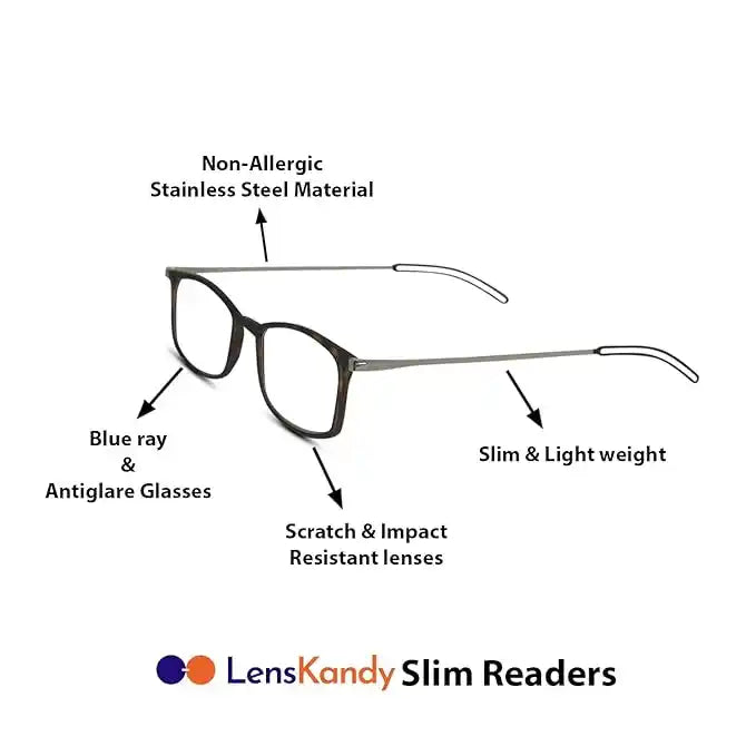 Diagram of adjustable anti glare rimless reading glasses with features like blue film anti-radiation and slim arms.