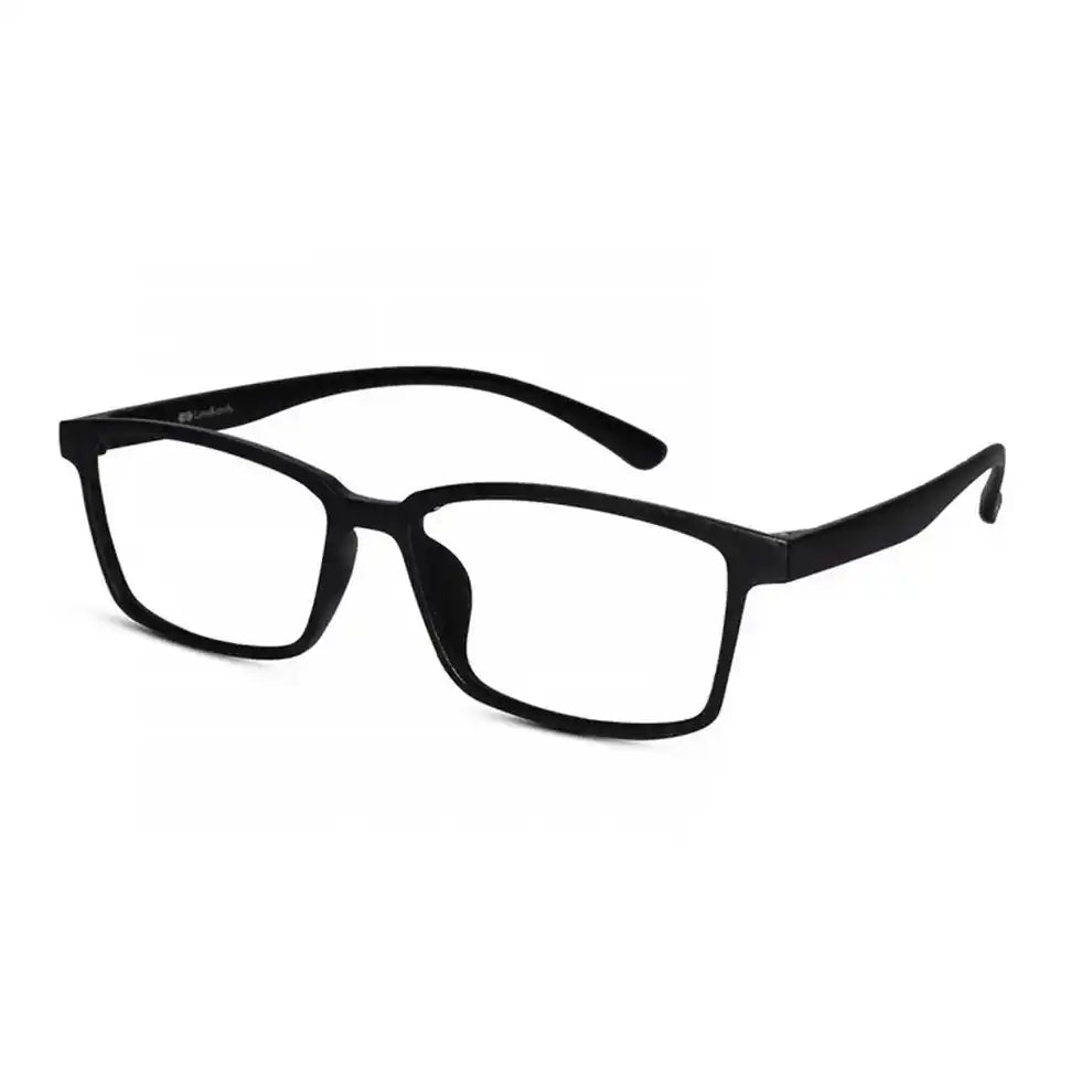 Angled view of sleek black unisex reading glasses on a white background. Shows the modern  specs frames for professional look