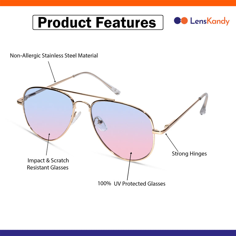 Aviator kids sunglasses gold temple with purple color lenses