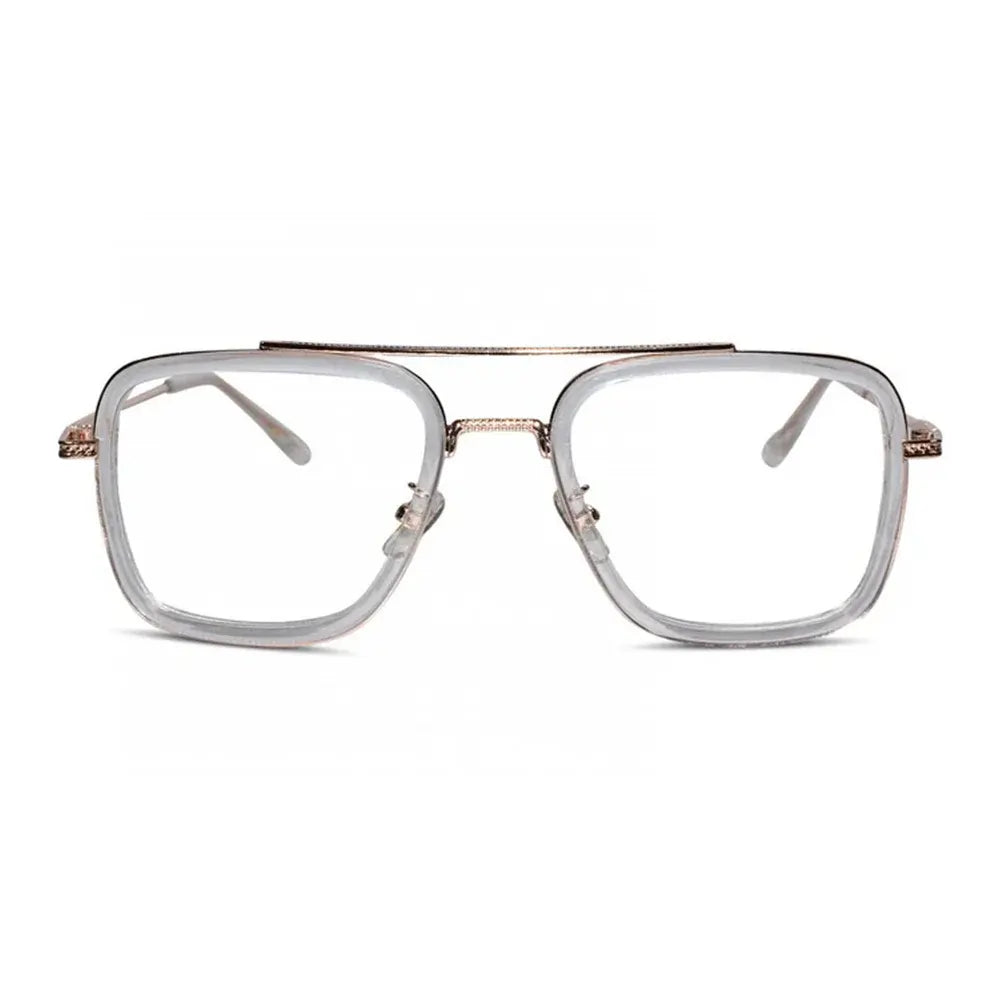 Front view of transparent gold full rim rectangular eyeglasses for men – premium spectacle frame for office and style