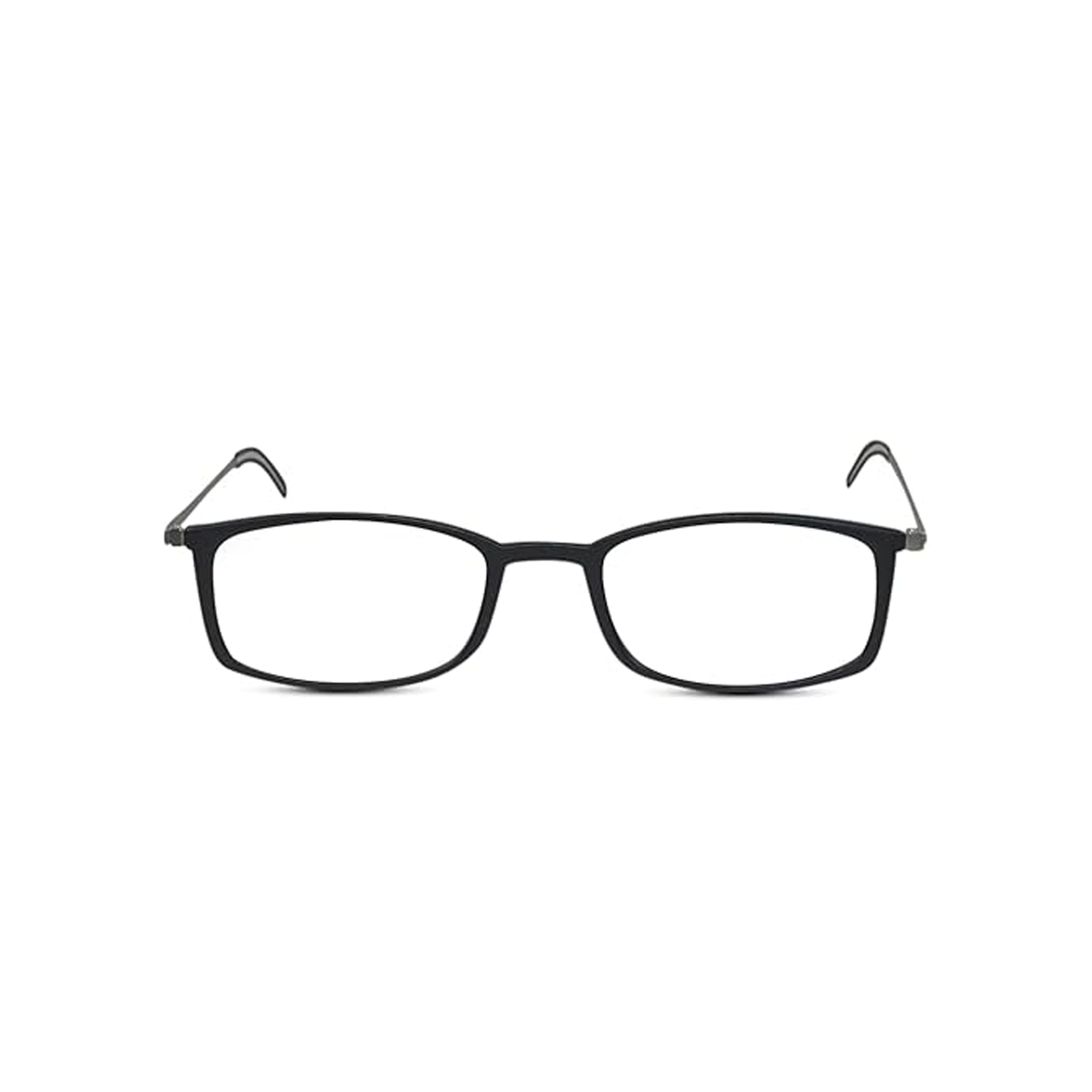 Front view of sleek black frame reading glasses with transparent lenses. Best frames with blue light filter at lenskandy."
