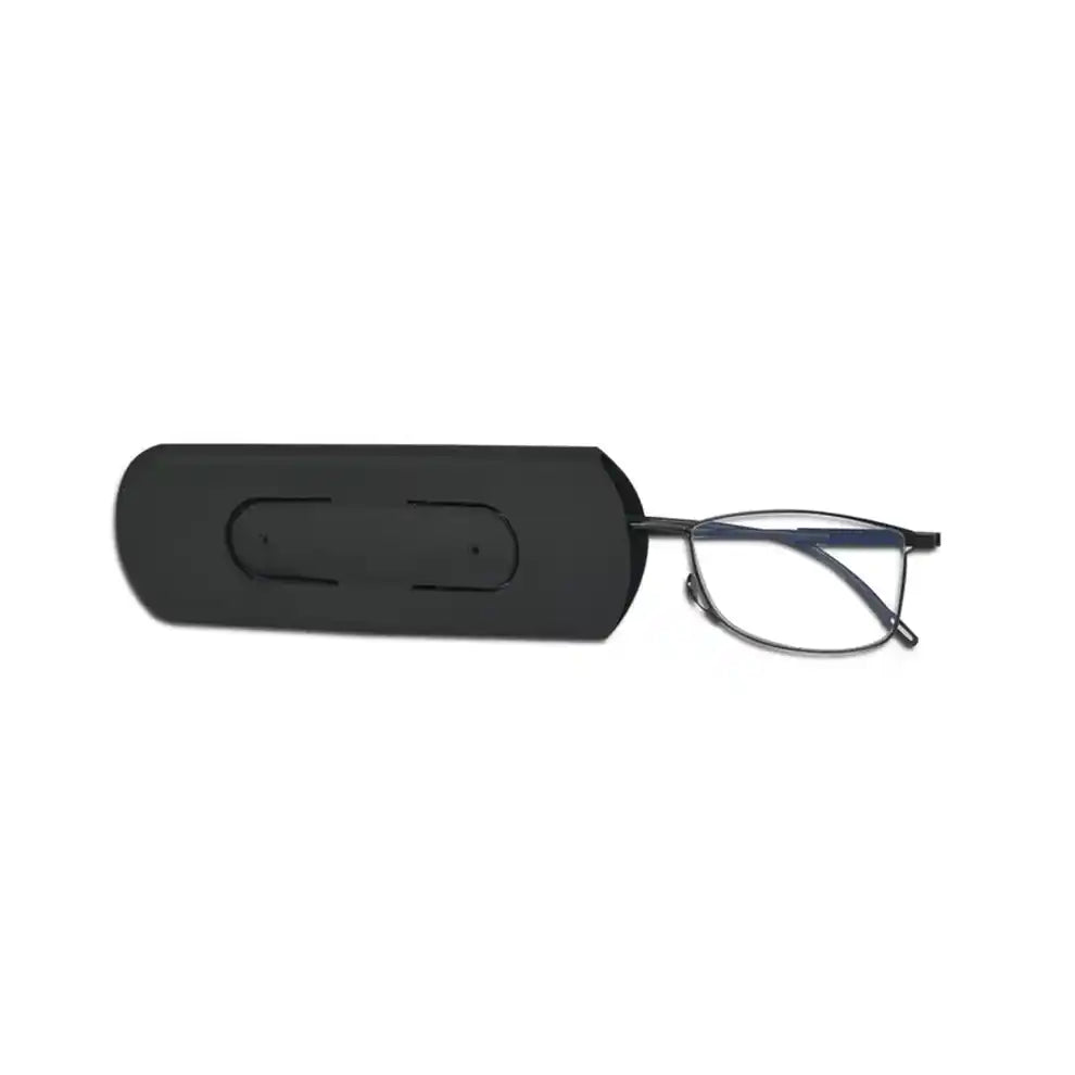 Side view of ultra-thin reading glasses partially in their compact black case. Great to use as eyeglasses for reading and computer.