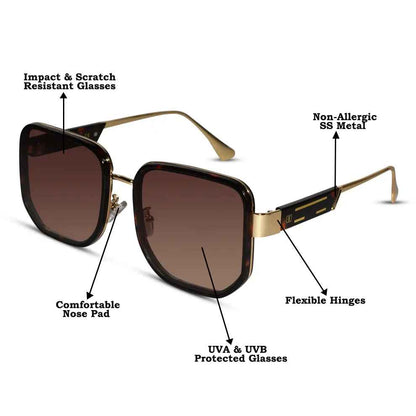 Oversize Brown with Golden  Square Sunglasses For Women