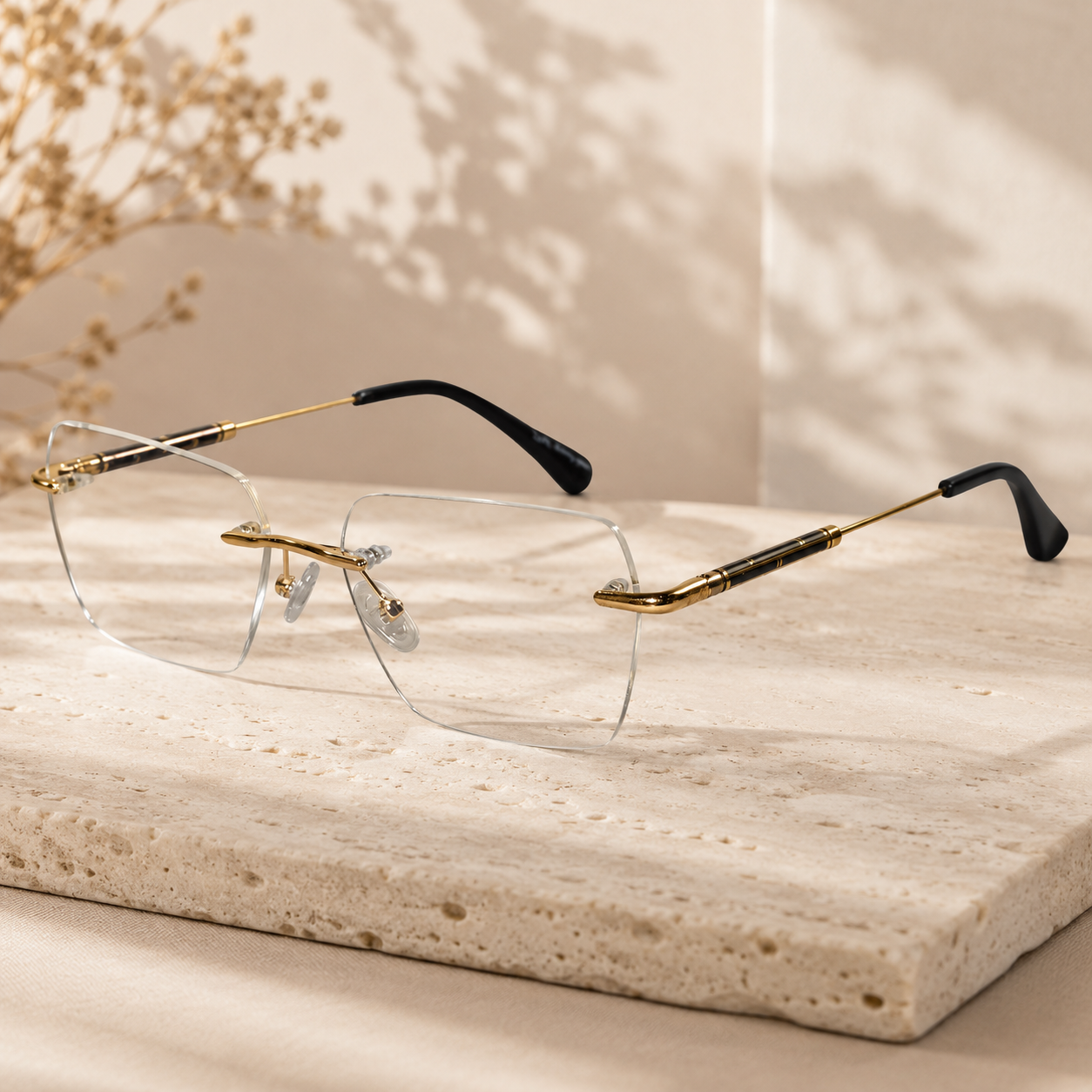 Black-Gold Rimless Reactngular Eyeglasses For Men ELE24004-BLK