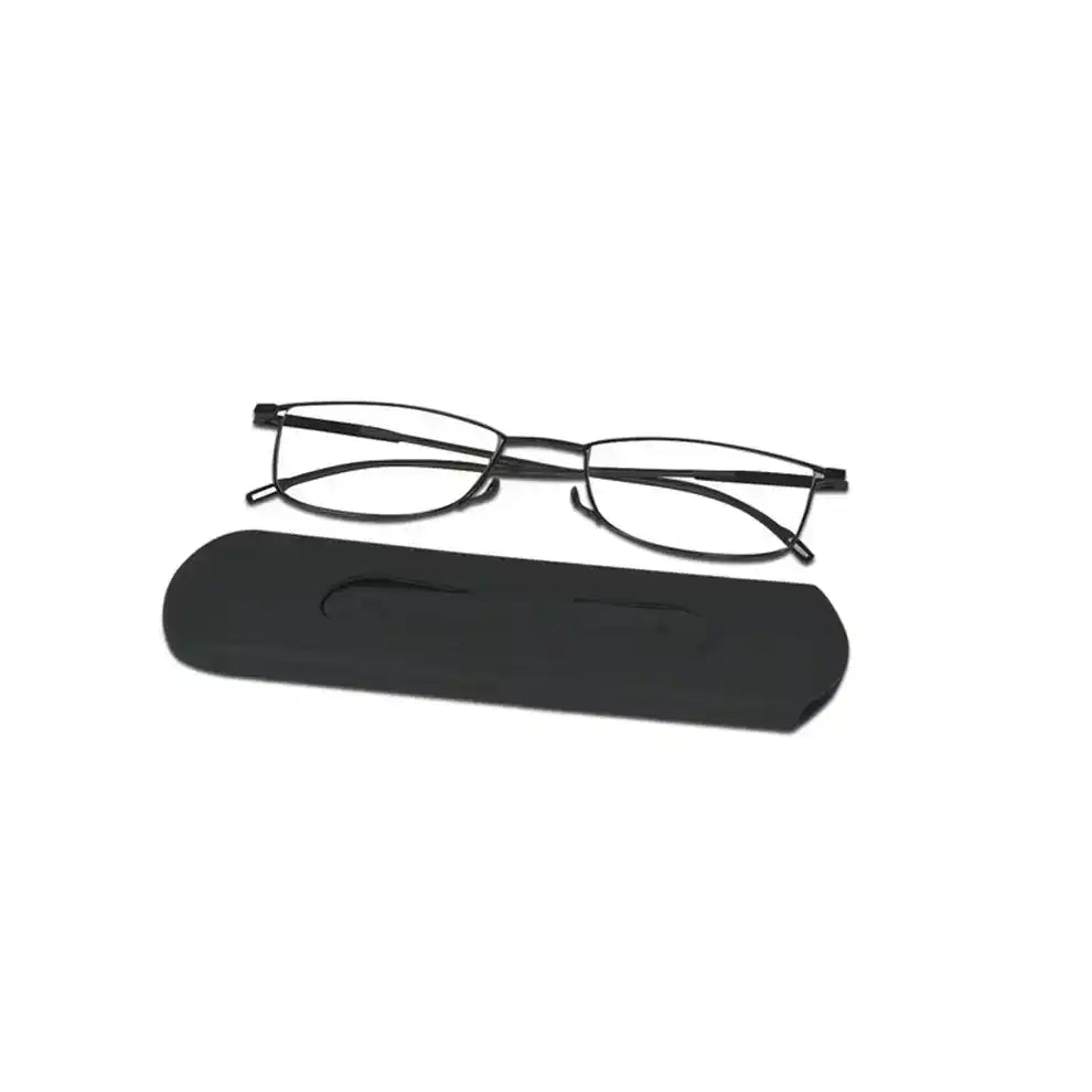 Top view of ultra-thin reading glasses with its sleek case, portable case. Ready to wear glasses for easy access at lenskendy.