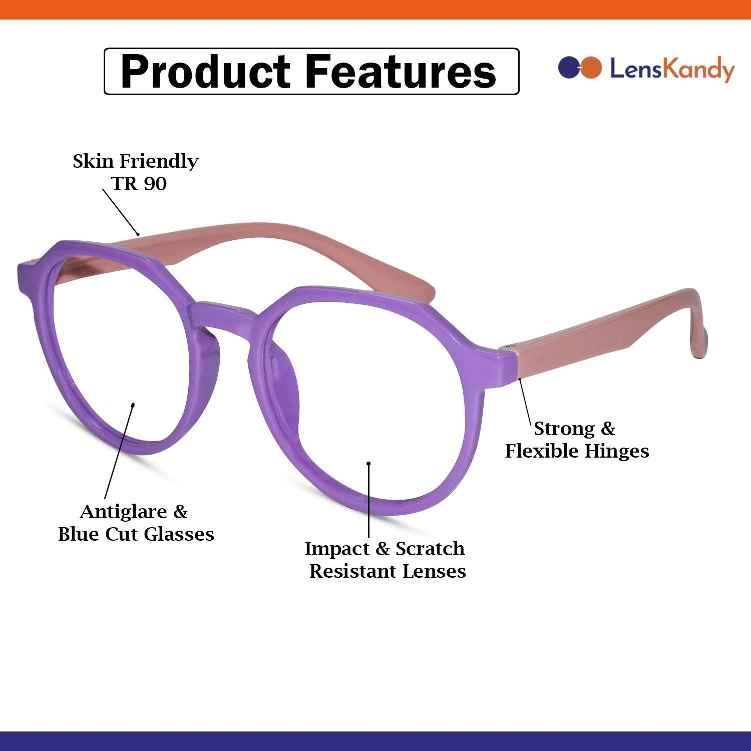 Light Weight Purple Hexagonal Eyeglasses for 6-12 Yrs LKEK1036-PURPL