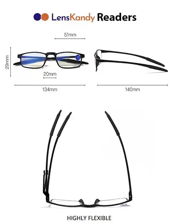 Find out the perfect fit before you buy unisex reading glasses online for eye protection.Size chart showing 134mm width and 29mm lens height to reduce computer eye strain