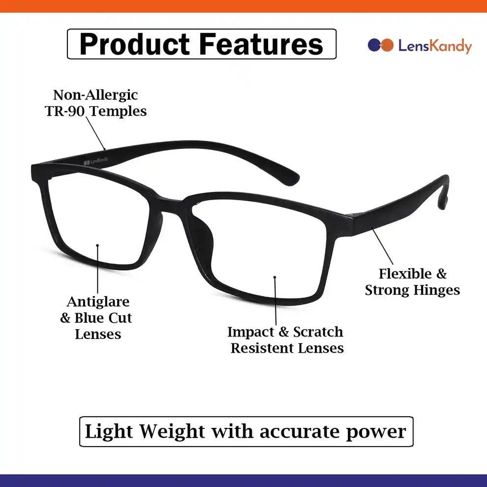 Complete view of black unisex reading glasses: anti-glare lenses, blue cut, scratch-resistant, and flexible TR-90 temples