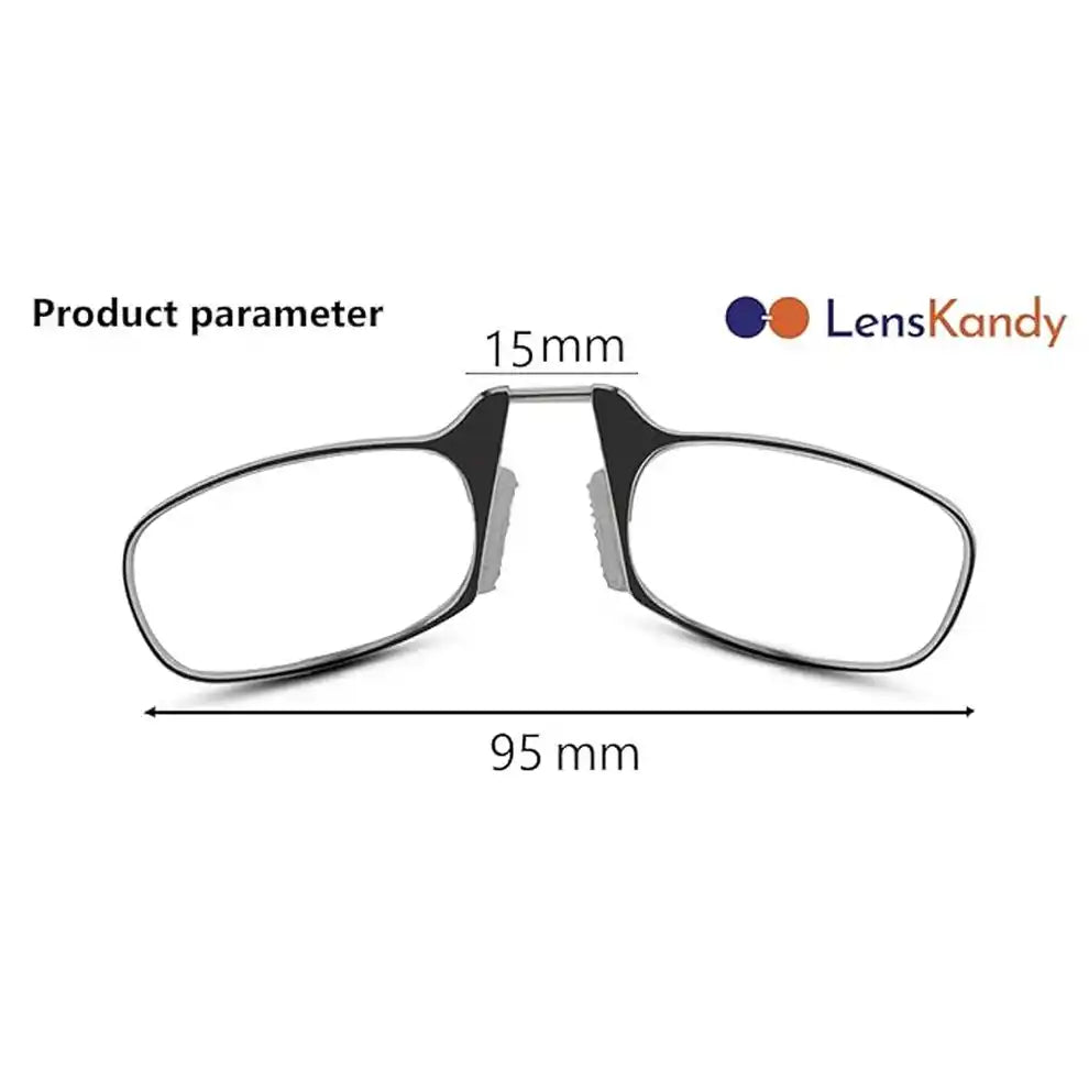 Size chart indicating 95mm total width and 15mm bridge gap. Buy the perfect fit nose clip reading glasses online for comfortable distance vision. Order now!!