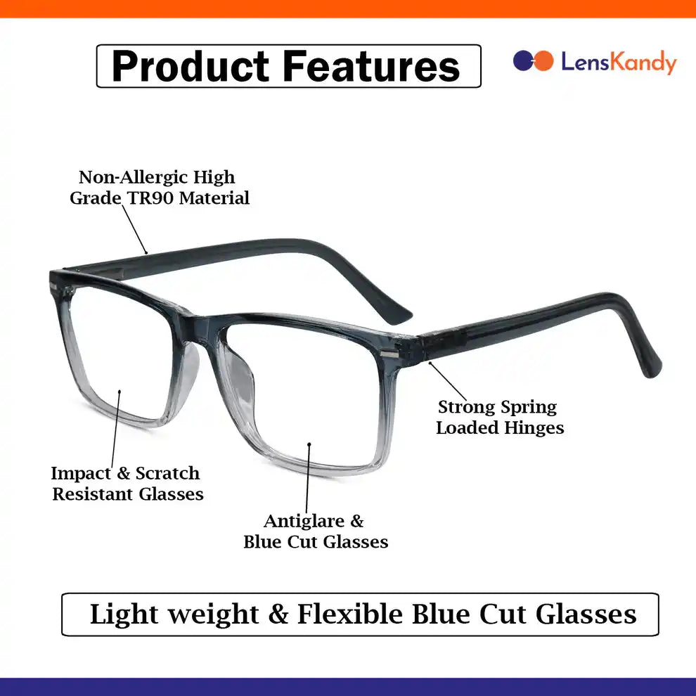 Feature Image showing TR90 material, strong spring hinges, and Blue Cut Antiglare lenses on these Rectangle frame reading glasses.  Provide protection from harmful UV rays
