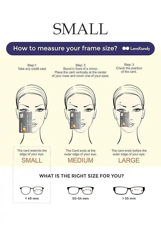 Diagram for determining face size for adjustable anti glare rimless reading glasses using a reading glasses strength chart