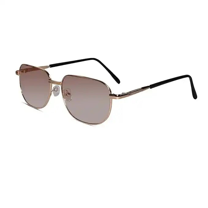 Tinted high quality  bifocal Safety Reading Glasses golden full rim glasses featuring blue film anti-radiation lenses for men. Product listed with power +1.00.