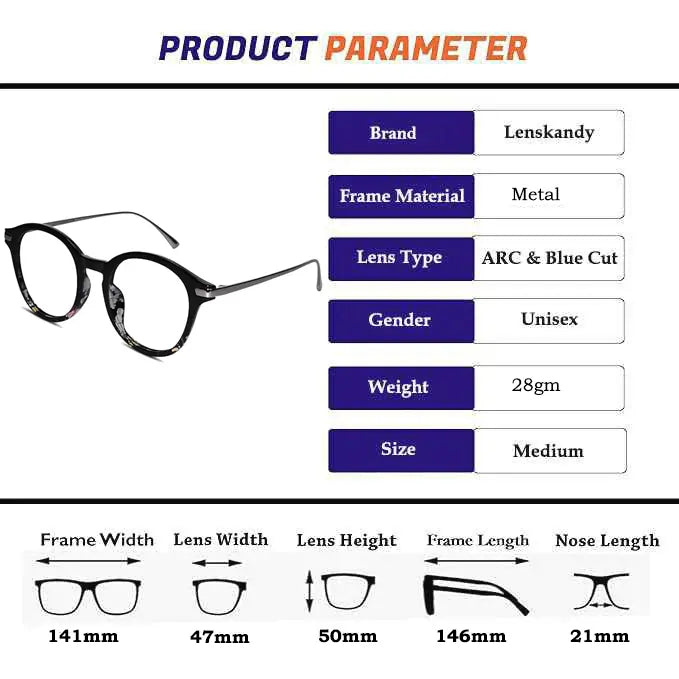 Shiny Dual Tone Black Printed Round Eyeglasses